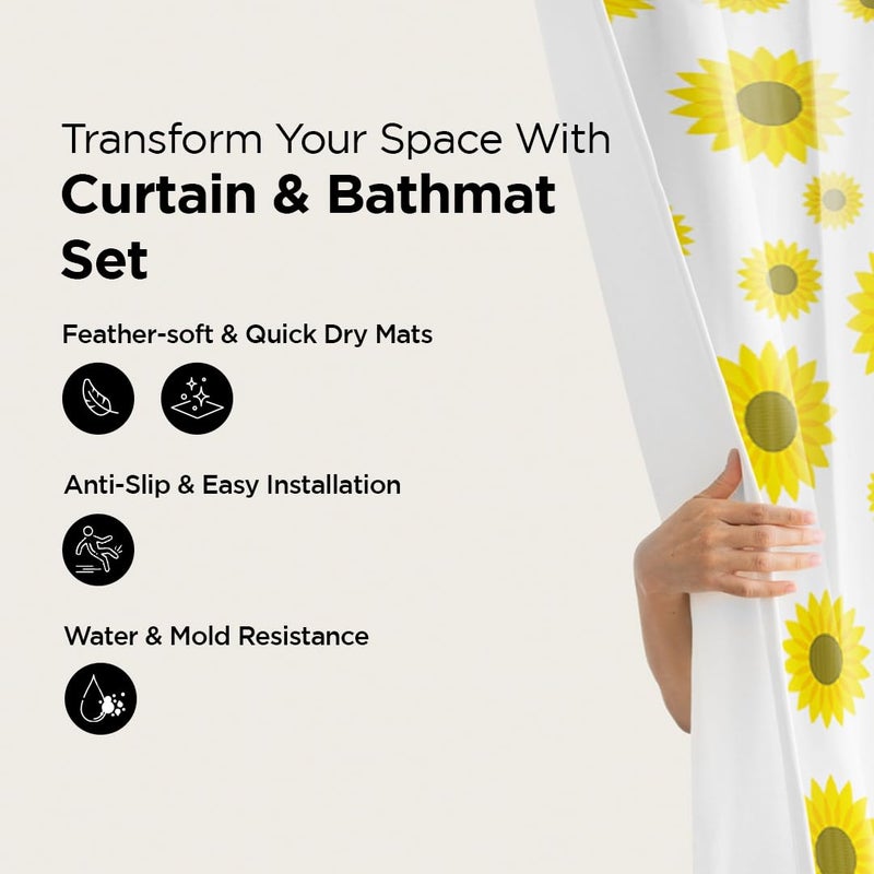 Umai UMAI Shower Curtain (180X180 cm) & Bathmat 3 Pcs Set|6ft|Creative Vibrant Coloured Polyster Curtain Sets with Non-Slip Bath mats for Bathroom|Easy-Slide Curtains|Quick Dry,Soft Mats  - Image 2