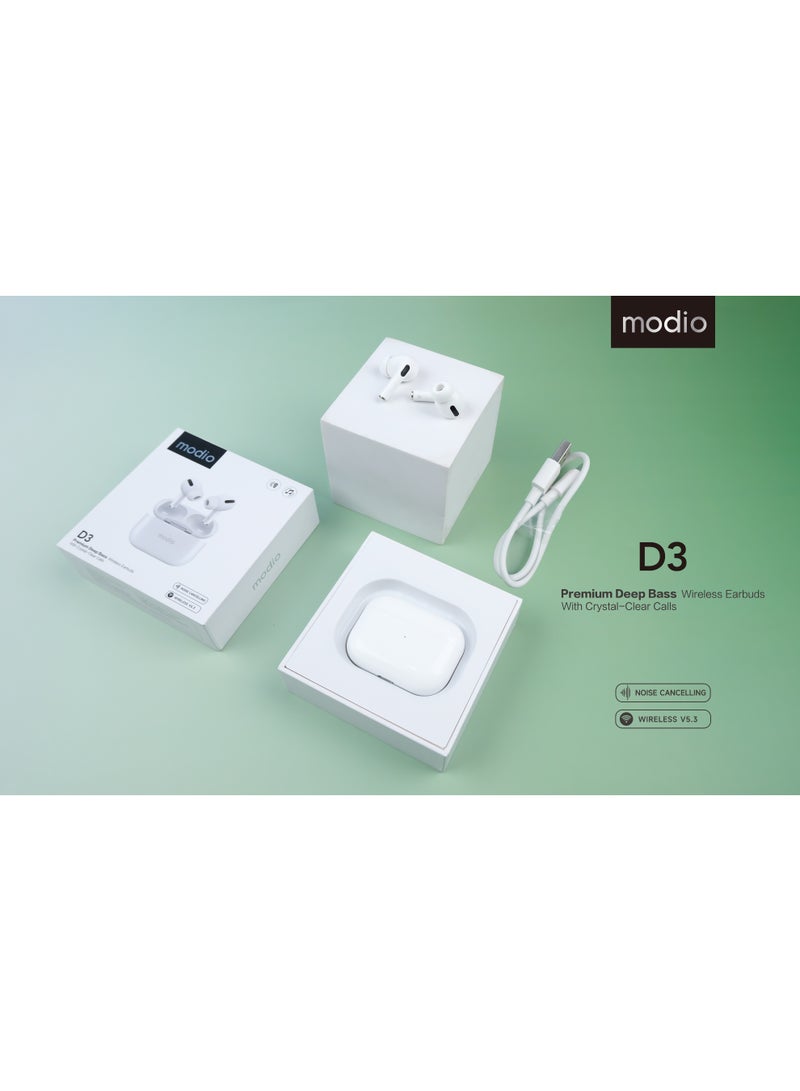 موديو سماعات أذن لاسلكية D3 ذات صوت جهير عميق - مكالمات فائقة الوضوح، خاصية إلغاء الضوضاء، بلوتوث 5.3، علبة شحن بسعة 250 مللي أمبير، صوت ستيريو عالي الدقة، سماعات أذن لاسلكية حقيقية (أبيض) - Image 2