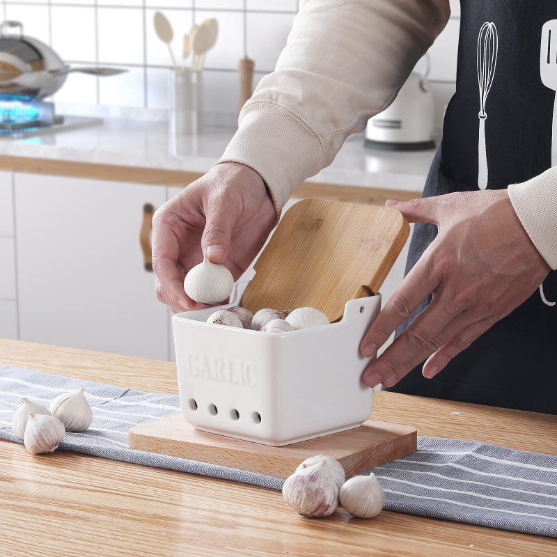 ONTUBE Garlic Keeper with Lid, Ceramic Garlic Holder Storage, Garlic Container for Kitchen, Garlic Saver to Keep Your Garlic Cloves Fresh Longer 4.7-Inch, White - Image 2