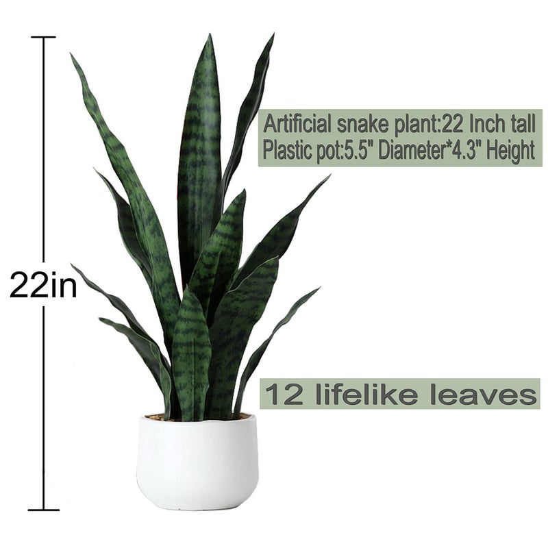 Beebel Artificial Snake Plant 22 Inch Fake Sansevieria Fake Agave Potted Plants Plastic Greenery for Home Garden Office Store Decoration 12 Leaves (Green) - Image 2