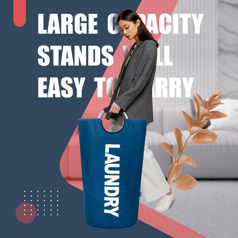 Caroeas 100L Laundry Basket,Large Laundry Hamper, Laundry Bag with Padded Handles, Clothes Hamper Stands Up Well, Collapsible Free Standing Easy Storage Washing Bin (Navy Blue,100L) - Image 2