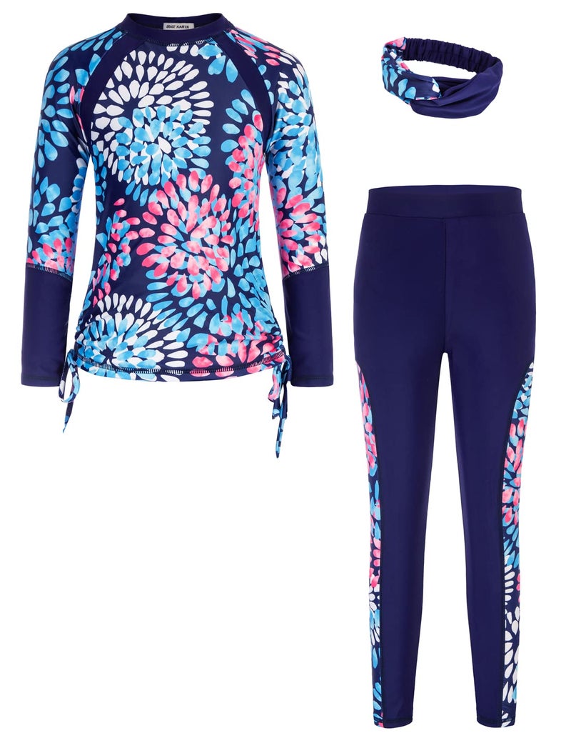 GRACE KARIN Girls' Swimwear Rash Guard Set Long Sleeve Swimsuit Girls Two Piece Bathing Suit Sun Protection Navy 10Y - Image 1