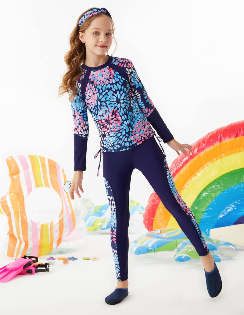 GRACE KARIN Girls' Swimwear Rash Guard Set Long Sleeve Swimsuit Girls Two Piece Bathing Suit Sun Protection Navy 10Y - Image 3