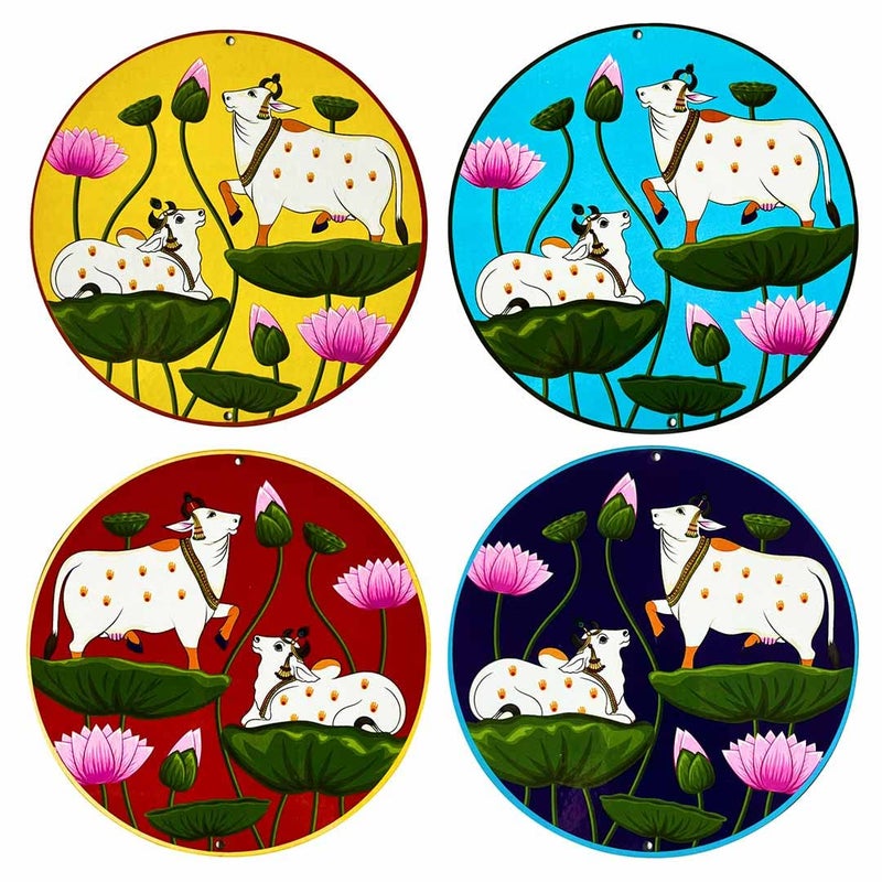 Craft Shop India Craft Shop India Multi Color Pichwai Two Headed Cow with Lotus Printed MDF Round Shape for Home Decoration Pooja Ghar Diwali Dussehra 6 INCH 4 