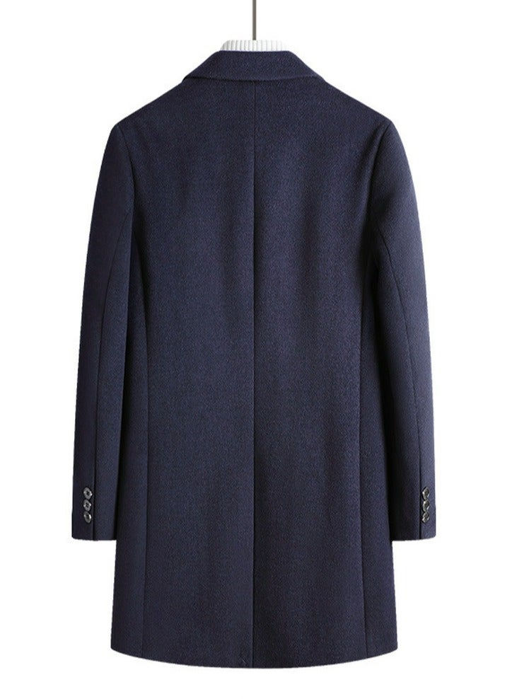 Men's Woolen Casual Coat Suit Collar Long Jacket Overcoat Navy Blue