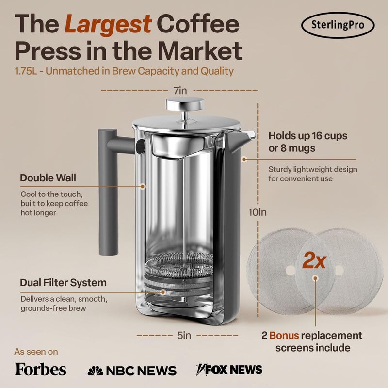 SterlingPro Extra Large French Press Coffee Maker 59 oz (1.75L), Large Capacity Stainless Steel Big French Press XL, Thermal Insulated Largest Coffee Maker with Double Walled Insulation, Gray - Image 3