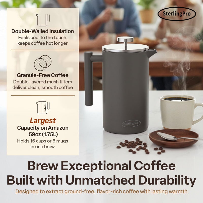 SterlingPro Extra Large French Press Coffee Maker 59 oz (1.75L), Large Capacity Stainless Steel Big French Press XL, Thermal Insulated Largest Coffee Maker with Double Walled Insulation, Gray - Image 2