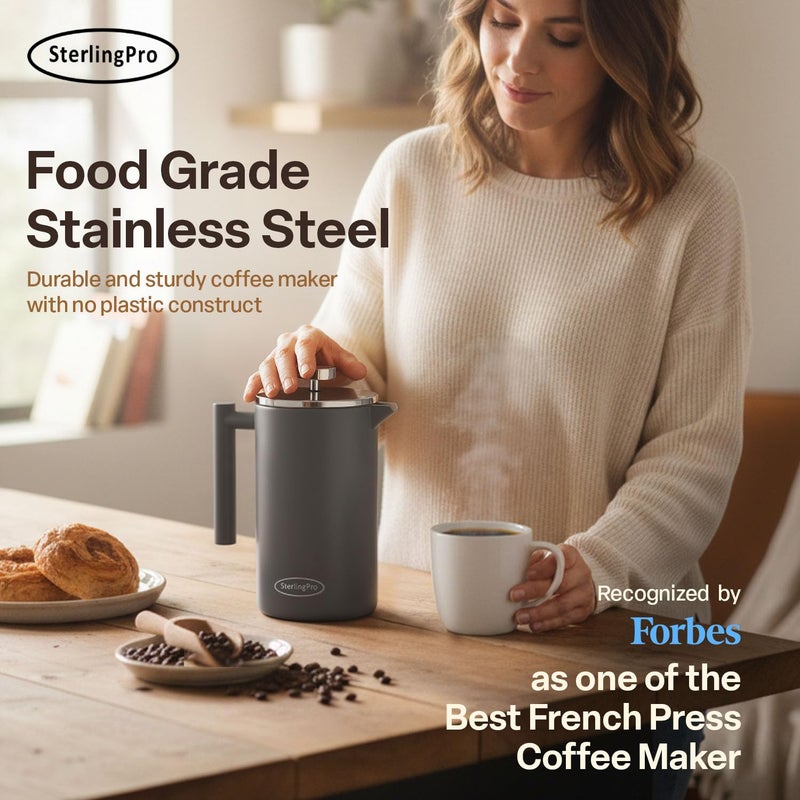 SterlingPro Extra Large French Press Coffee Maker 59 oz (1.75L), Large Capacity Stainless Steel Big French Press XL, Thermal Insulated Largest Coffee Maker with Double Walled Insulation, Gray - Image 5