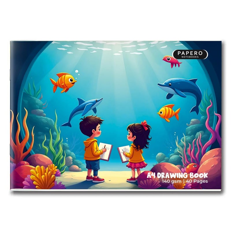 PaperO A4 Drawing Book for Kids - 40 Natural Shade Blank Pages | 29.7 x 21 cm | Plain Sketch Book for Students, Artists & Children | Ideal for Sketching, Coloring & Painting (Kids Aquarium Theme) - Image 1