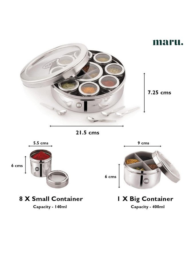 MARU مارو 12 في 1 صندوق التوابل من الفولاذ المقاوم للصدأ مع فواصل حاوية وسطى | علبة ماسالا من الفولاذ للمطبخ | داني ماسالا للمطبخ بغطاء شفاف (الحجم 13 كبير 21.5 سم) فضي - Image 2