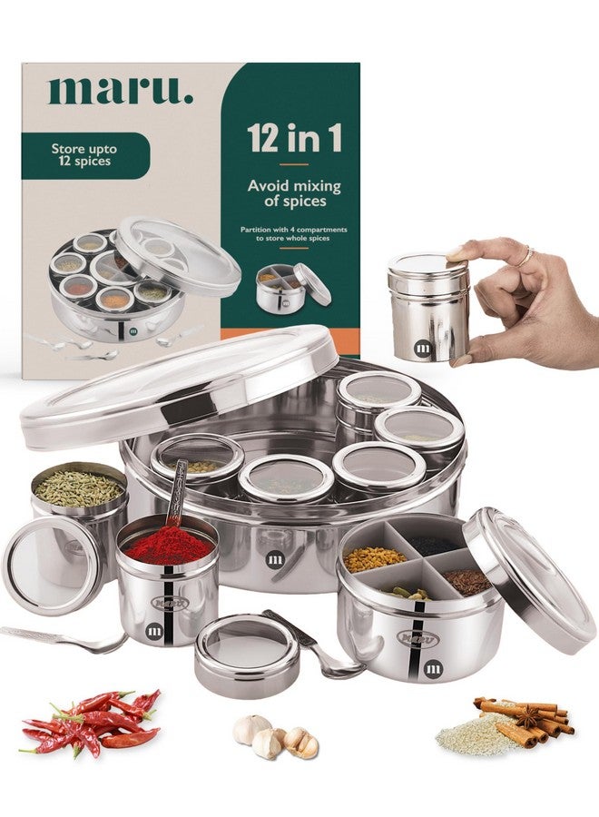 MARU مارو 12 في 1 صندوق التوابل من الفولاذ المقاوم للصدأ مع فواصل حاوية وسطى | علبة ماسالا من الفولاذ للمطبخ | داني ماسالا للمطبخ بغطاء شفاف (الحجم 13 كبير 21.5 سم) فضي - Image 1