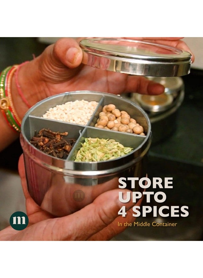 MARU مارو 12 في 1 صندوق التوابل من الفولاذ المقاوم للصدأ مع فواصل حاوية وسطى | علبة ماسالا من الفولاذ للمطبخ | داني ماسالا للمطبخ بغطاء شفاف (الحجم 13 كبير 21.5 سم) فضي - Image 4