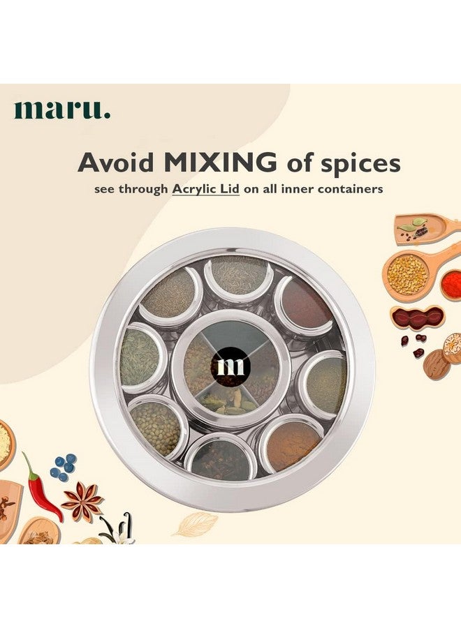 MARU مارو 12 في 1 صندوق التوابل من الفولاذ المقاوم للصدأ مع فواصل حاوية وسطى | علبة ماسالا من الفولاذ للمطبخ | داني ماسالا للمطبخ بغطاء شفاف (الحجم 13 كبير 21.5 سم) فضي - Image 5