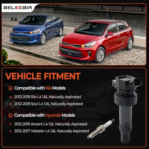 BELKEBIR Set of 4 Ignition Coil Packs & Iridium Spark Plugs Compatible with 1.6L L4 2012-2019 Kia Soul Rio, 2012-2019 Hyundai Accent, 2012-2017 Hyundai Veloster Replace UF652 273012B100 93815 SILZKR6B10E C1803 - Image 2