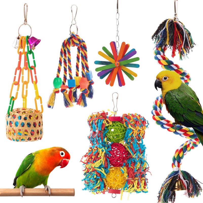 AFUOWER Bird Toys Parakeet Toy Parrot Chewing Shredding Foraging Toys with Rope Perch Hanging Toys Bird Cage Accessories for Cockatiel Conure Budgies Lovebird 5 Pack - Image 1