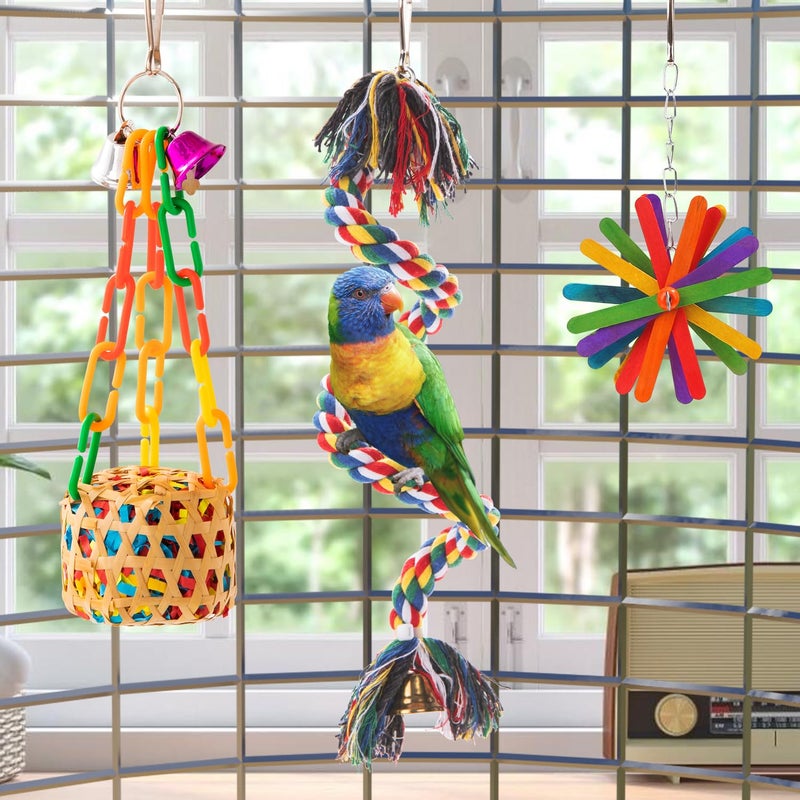 AFUOWER Bird Toys Parakeet Toy Parrot Chewing Shredding Foraging Toys with Rope Perch Hanging Toys Bird Cage Accessories for Cockatiel Conure Budgies Lovebird 5 Pack - Image 5