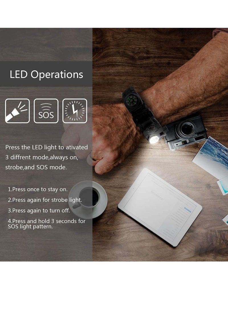 SYOSI 20 in 1 Survival Paracord Bracelet Adjustable Gear Kit with SOS LED Light, Thermometer, Fire Starter, Multitools, Compass, Survival Whistle, Perfect for Camping, Hiking, Fishing, Hunting（2PCS） - Image 3