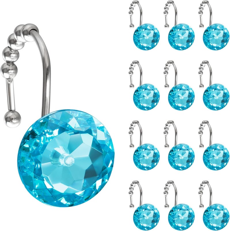 Sunlit Luxury Design Round Aqua Blue Diamond Crystal Gem Bling with Glide Balls Shower Curtain Hooks, Rust Proof Metal Rhinestones Glam Shower Curtain Rings-12 Pack - Image 1