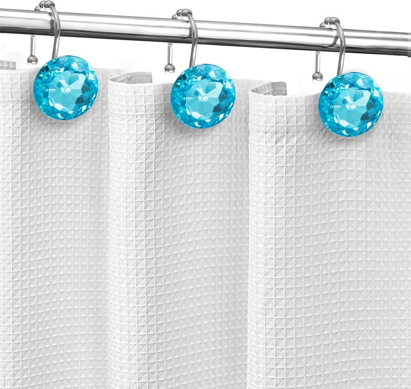 Sunlit Luxury Design Round Aqua Blue Diamond Crystal Gem Bling with Glide Balls Shower Curtain Hooks, Rust Proof Metal Rhinestones Glam Shower Curtain Rings-12 Pack - Image 5