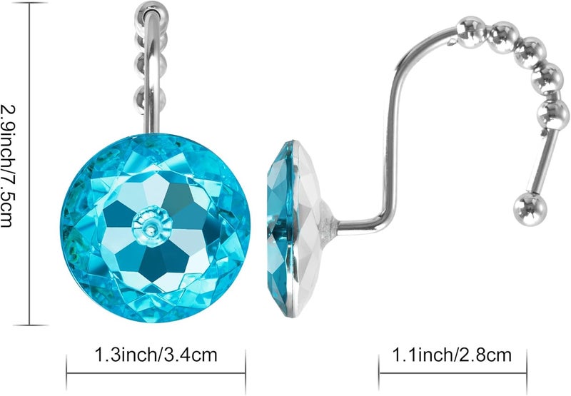 Sunlit Luxury Design Round Aqua Blue Diamond Crystal Gem Bling with Glide Balls Shower Curtain Hooks, Rust Proof Metal Rhinestones Glam Shower Curtain Rings-12 Pack - Image 2