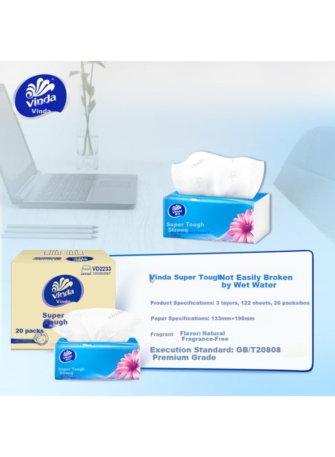 Vinda Facial Tissues, Extra Strong 3-ply 122 Sheets*20 Packs, Toilet Paper Tissue Paper Bulk Pack - Image 2