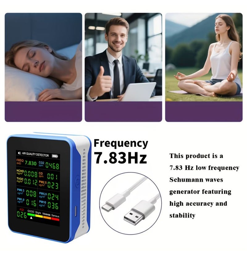 13 In 1 Schumann Waves Air Quality Monitor Black Blue With 7 83Hz Ultra Low Frequency Pulse Wave CO2 PM2 5 PM10 PM1 0 PM0 3 PM5 0 HCHO TVOC AQI CO Rechargeable Battery USB Powered For Home Travel Office Indoor Use - Image 3