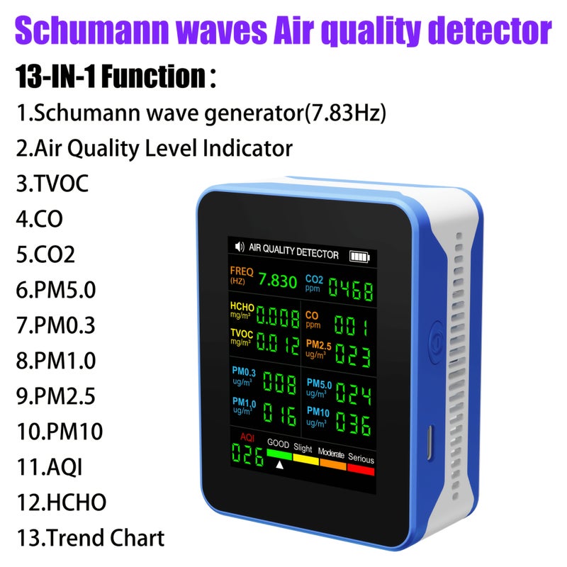 13 In 1 Schumann Waves Air Quality Monitor Black Blue With 7 83Hz Ultra Low Frequency Pulse Wave CO2 PM2 5 PM10 PM1 0 PM0 3 PM5 0 HCHO TVOC AQI CO Rechargeable Battery USB Powered For Home Travel Office Indoor Use - Image 1