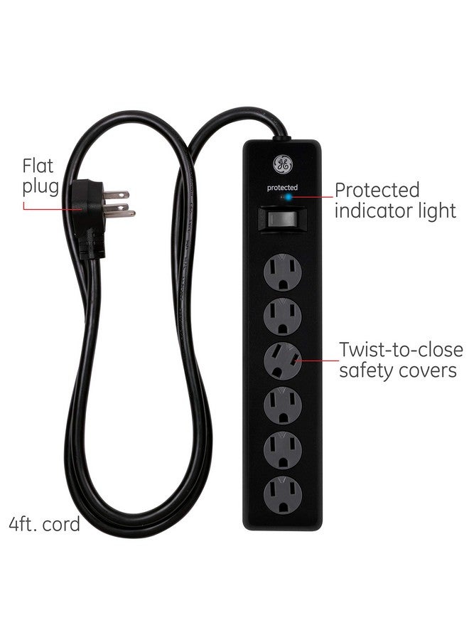 جي إي واقي التيار الزائد GE 6 منافذ، سلك تمديد بطول 8 أقدام، شريط طاقة، 1300 جول، قابس مسطح، أغطية أمان ملتوية للإغلاق، ضوء مؤشر محمي، مُدرج في قائمة UL، أسود، 33662 - Image 1