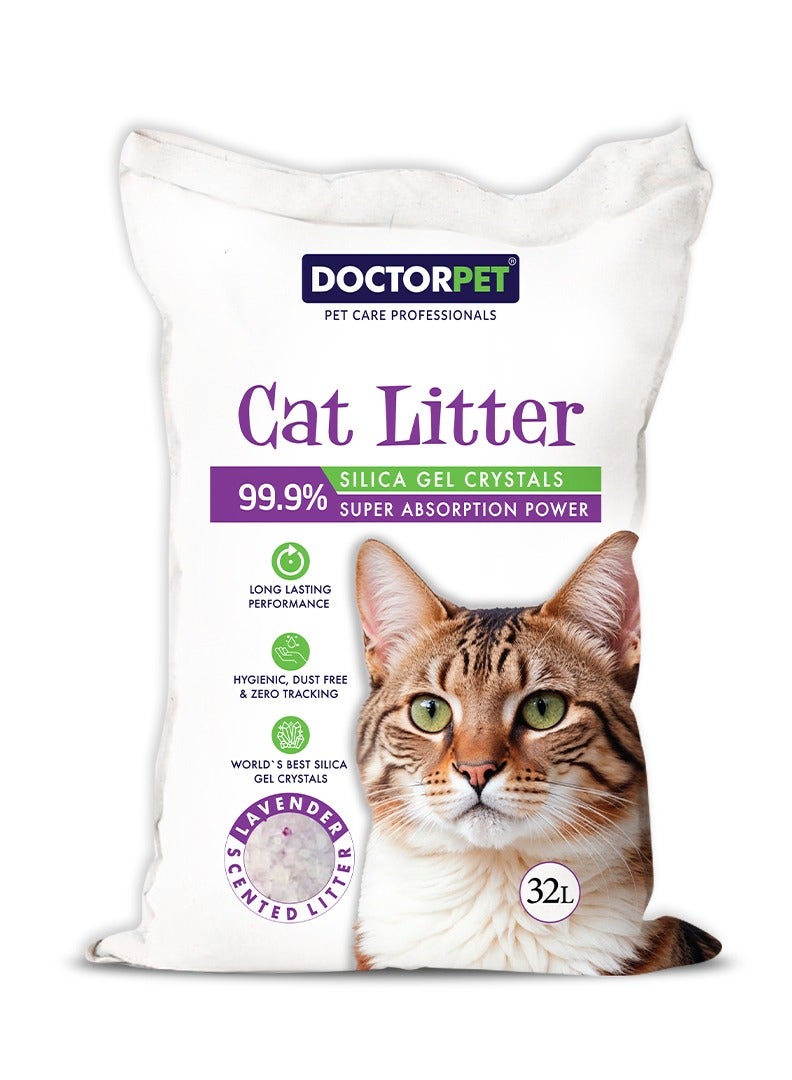 DOCTERPET Doctor Pet Silica Gel Cat Litter 32L - Lavender Scented Crystals, Hygienic, Dust-Free, Zero Tracking, Long-Lasting, Superior Odor Control - Image 1
