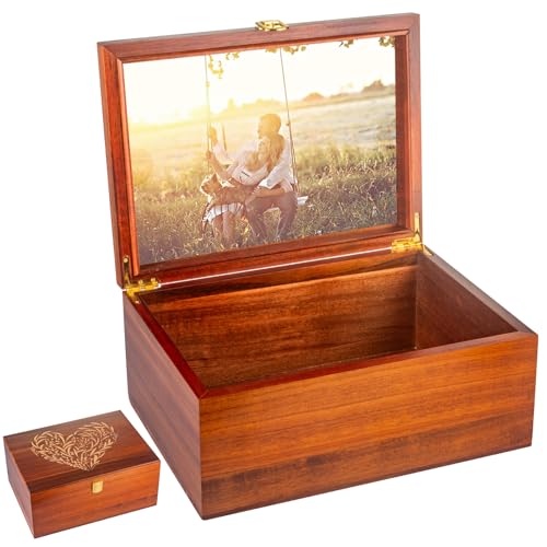 EVA murmure Larger Wooden Memory Keepsake Boxes With Hinged Lids and a photo frame inside the lid - Decorative Storage Box With a Hinge Lids For Picture Letter Time Capsule - 5.3“*8.6”*11.7“- Acacia - Image 1