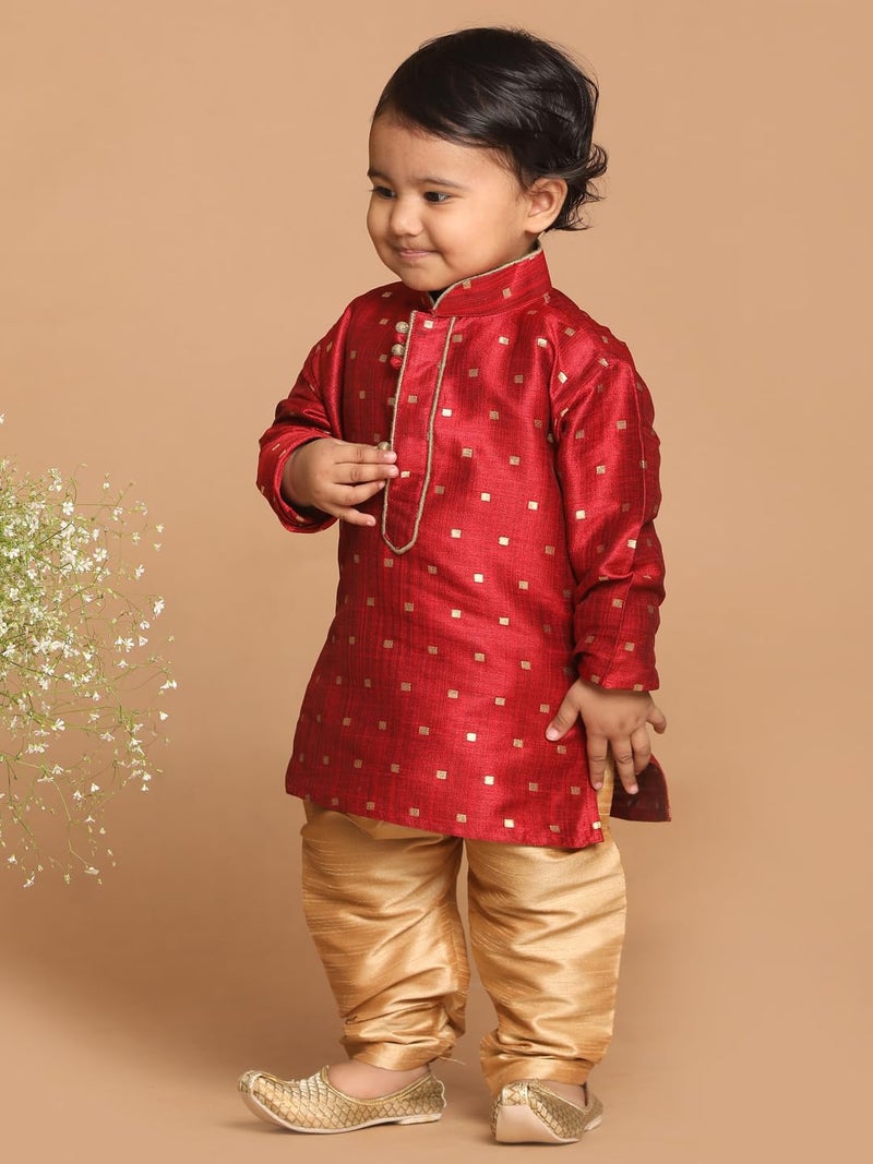 VASTRAMAY Boys’ Infant Maroon and Rose Gold Silk Blend Kurta Pyjama Set_VSHISBK023MAnPRG_14 | Traditional Outfit for Weddings & Festivals - Image 3
