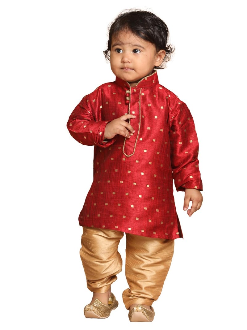 VASTRAMAY Boys’ Infant Maroon and Rose Gold Silk Blend Kurta Pyjama Set_VSHISBK023MAnPRG_14 | Traditional Outfit for Weddings & Festivals - Image 1
