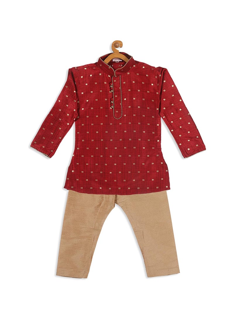 VASTRAMAY Boys’ Infant Maroon and Rose Gold Silk Blend Kurta Pyjama Set_VSHISBK023MAnPRG_14 | Traditional Outfit for Weddings & Festivals - Image 4