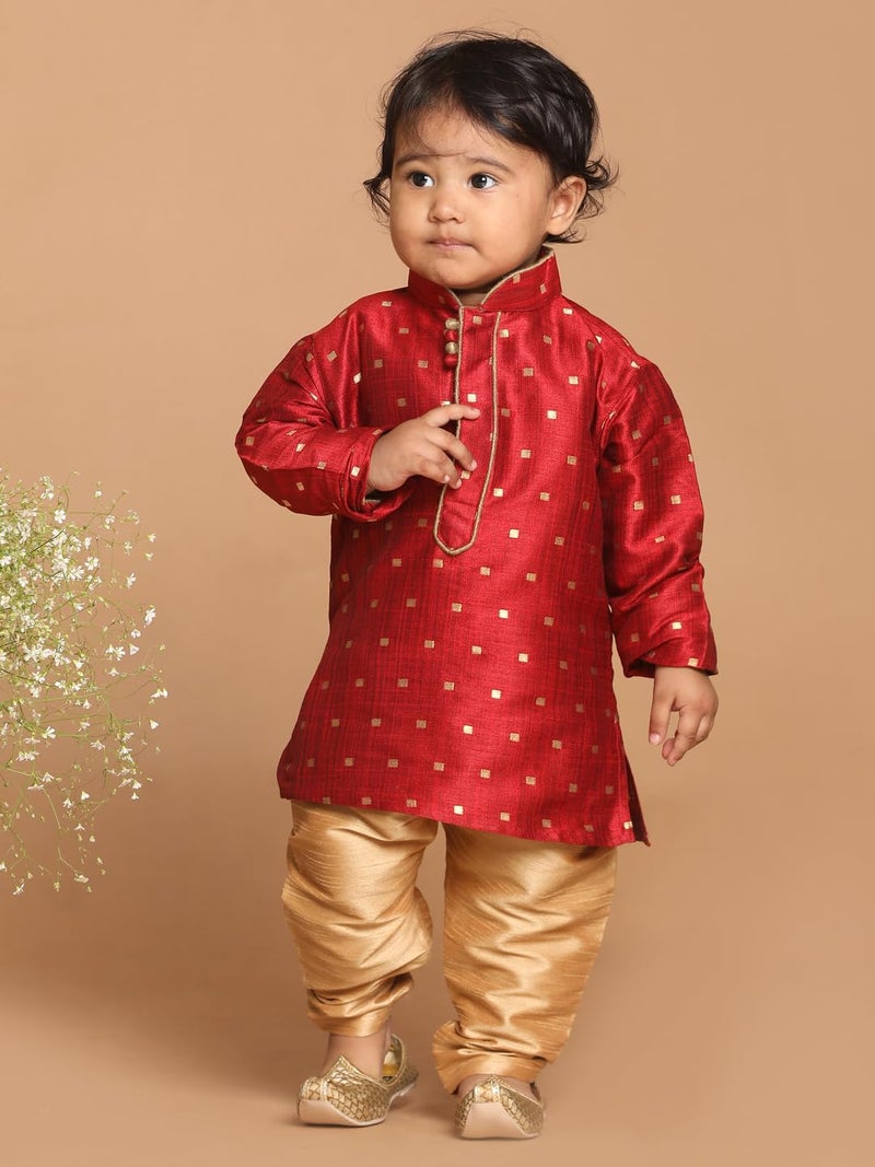 VASTRAMAY Boys’ Infant Maroon and Rose Gold Silk Blend Kurta Pyjama Set_VSHISBK023MAnPRG_14 | Traditional Outfit for Weddings & Festivals - Image 2