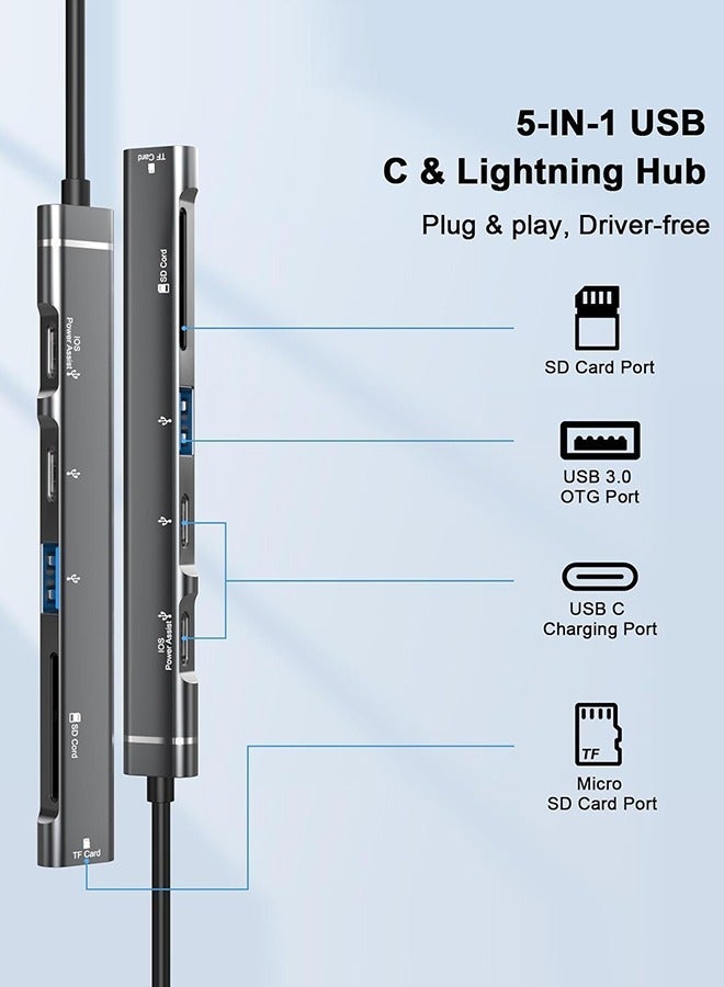 SUNDAREE 5 in 1 SD Card Reader Adapter, [MFi Certified] USB C & Lightning to Micro SD/SD Card Reader & USB OTG Adapter with USB C Fast Charging Port Compatible with iPhone 15/14/13/12/11/XS/XR/X/8/iPad - Image 2