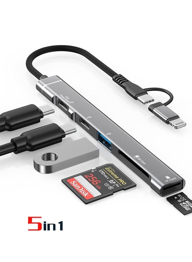 SUNDAREE 5 in 1 SD Card Reader Adapter, [MFi Certified] USB C & Lightning to Micro SD/SD Card Reader & USB OTG Adapter with USB C Fast Charging Port Compatible with iPhone 15/14/13/12/11/XS/XR/X/8/iPad - Image 1