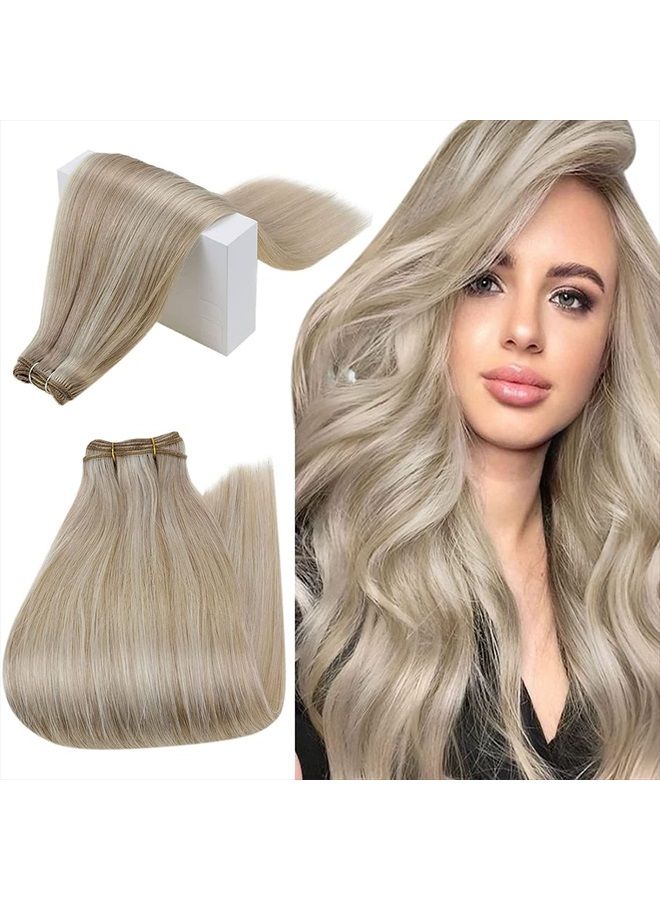 RUNATURE Blonde Weft Human Hair Extensions Straight Sew in Hair Extensions Real Human Hair Weft Extensions Ash Blonde Highlight Platinum Blonde Weft Hair Extensions Natural Hairpiece Weaving 12 Inch 7 - Image 1