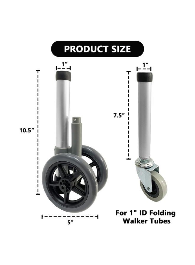 MESINURS Walker Wheels Replacement Feet for Folding Medical Walker Accessories Parts Kit, Front and Back Safety Wheel, 5 Inch Wheels with Brake - Image 2