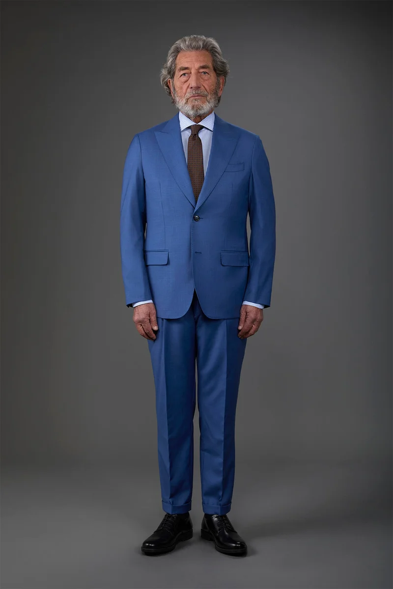 دوبل غانغر Single-breasted men's suit with classic single-pleat trousers, in pure combed wool with grisaille construction - Denim