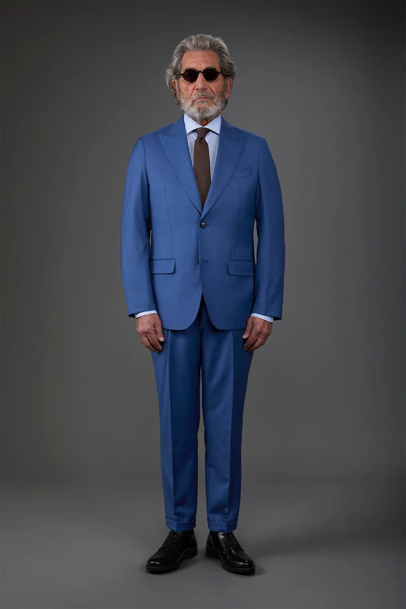دوبل غانغر Single-breasted men's suit with classic single-pleat trousers, in pure combed wool with grisaille construction - Denim