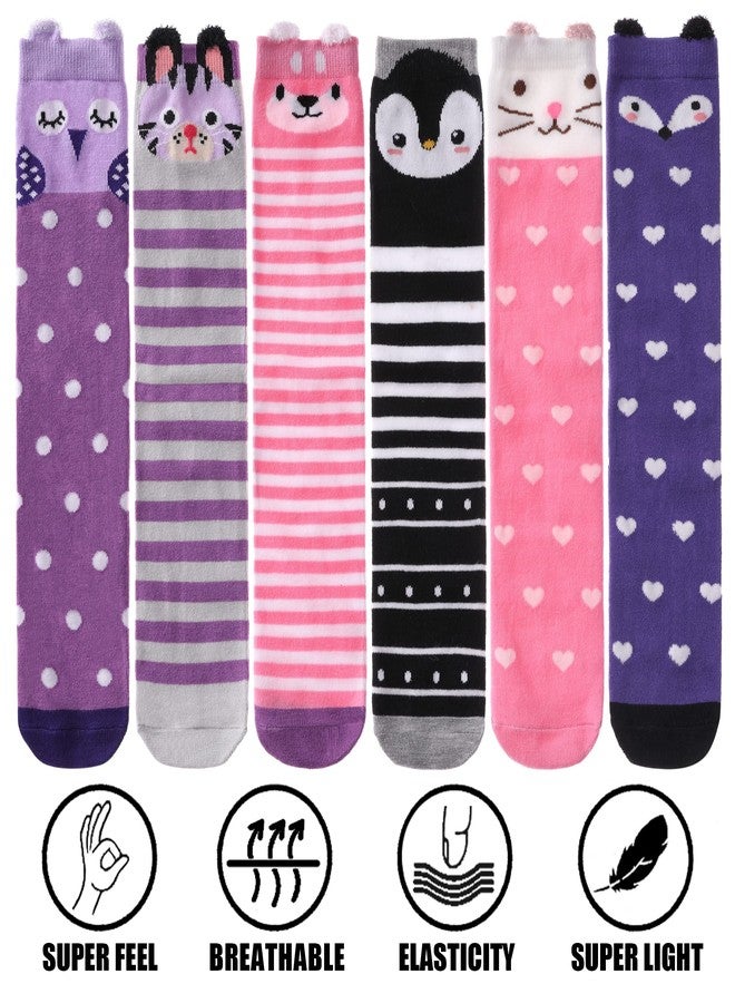 POEATEZO 3-12 Years Girls Knee High Socks Kids Funny Animal Pattern Warm Cotton Long Tall Boot Socks 6 Pairs (Cute Animals-B) - Image 3