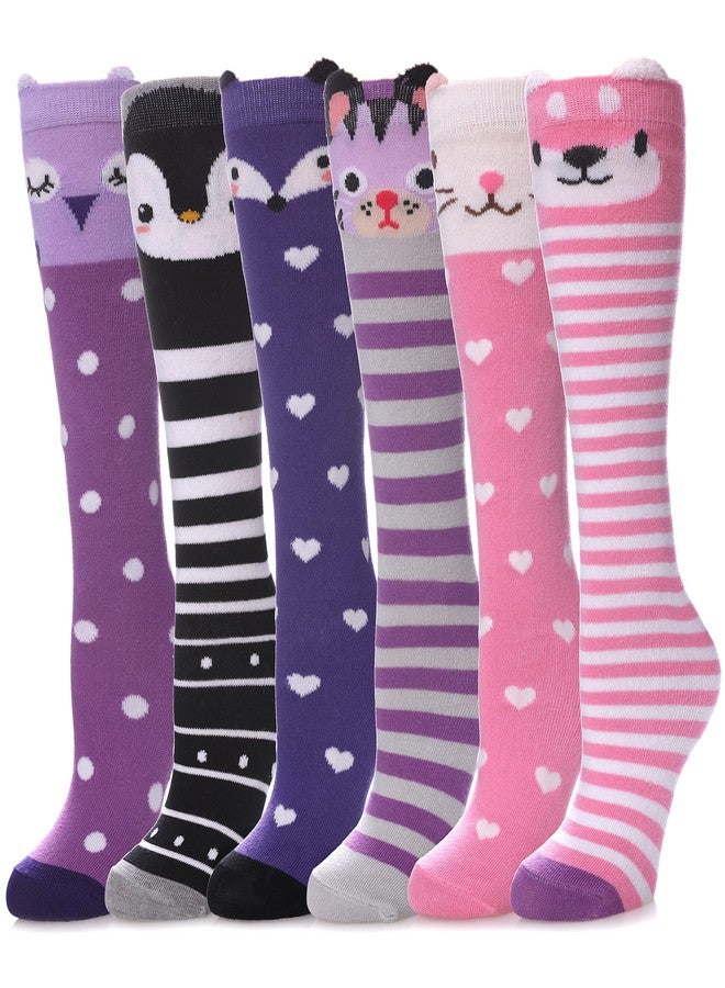 POEATEZO 3-12 Years Girls Knee High Socks Kids Funny Animal Pattern Warm Cotton Long Tall Boot Socks 6 Pairs (Cute Animals-B) - Image 1