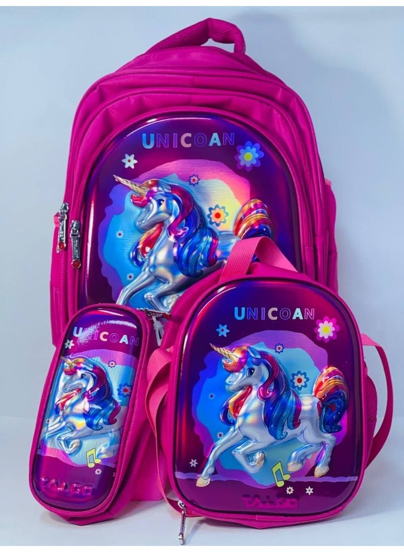 3-in-1 trolley school bag set (includes backpack, lunch box, and pencil case). Features a 3D embossed design and is made of waterproof material; available in various colors and styles. The bag has 4 zippered compartments. Size: 42 cm (16-inch size). - Image 1