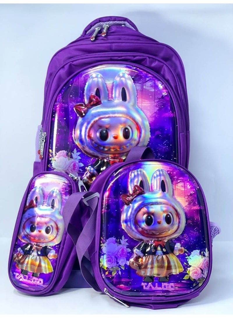3-in-1 trolley school bag set (includes backpack, lunch box, and pencil case). Features a 3D embossed design and is made of waterproof material; available in various colors and styles. The bag has 4 zippered compartments. Size: 42 cm (16-inch size). - Image 2