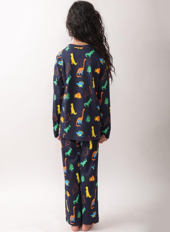انثريلو طقم بيجاما بناتي بأكمام طويلة من أنثريلو بتصميم ديناصور مرح باللون الكحلي - كحلي - Image 3
