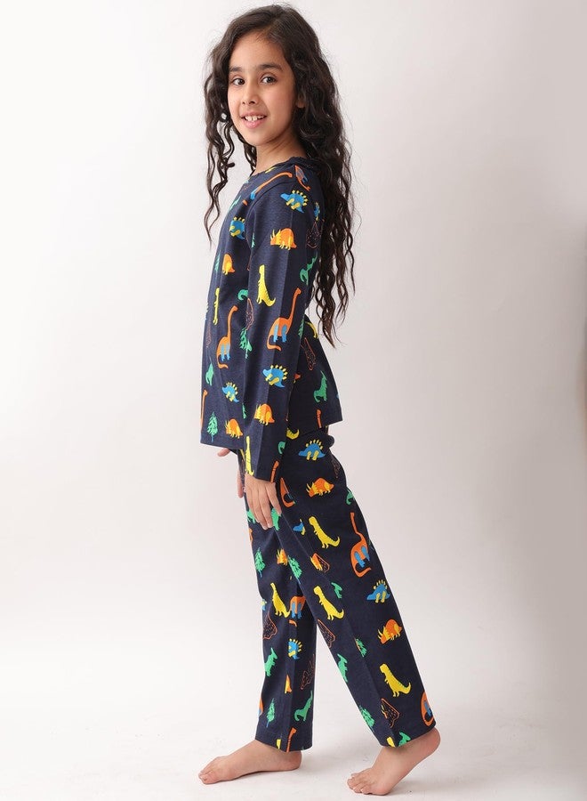 انثريلو طقم بيجاما بناتي بأكمام طويلة من أنثريلو بتصميم ديناصور مرح باللون الكحلي - كحلي - Image 2