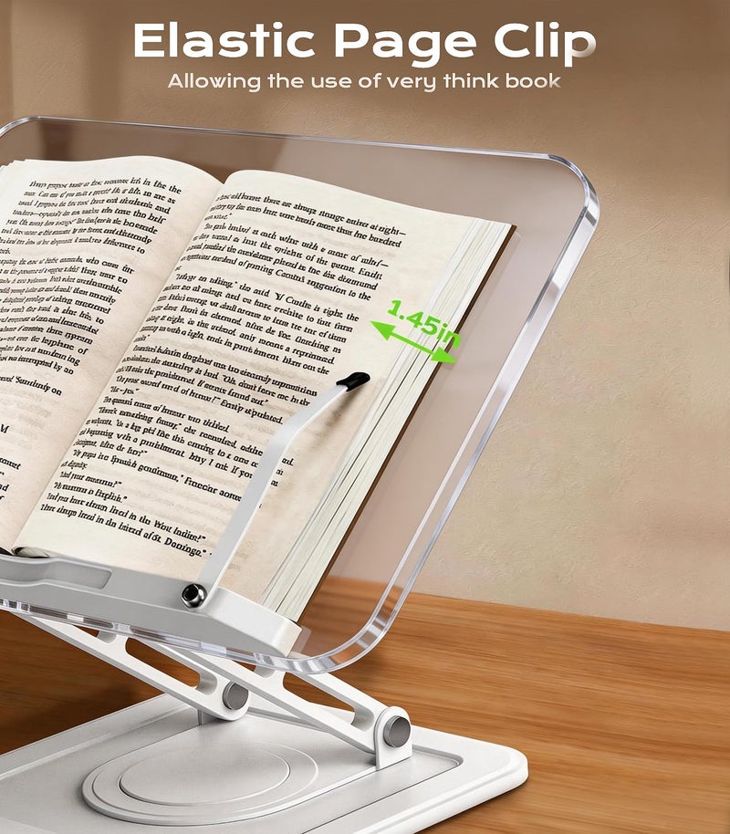LOXP Book Stand for Reading, Adjustable Book Holder with 360°Rotating Bases, Ergonomic Cookbook Stand Recipe Book Holder with Elastic Page Clips for Magazines, Tablets, Laptops,Acrylic White - Image 5