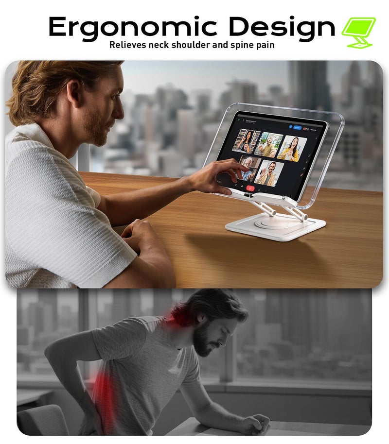 LOXP Book Stand for Reading, Adjustable Book Holder with 360°Rotating Bases, Ergonomic Cookbook Stand Recipe Book Holder with Elastic Page Clips for Magazines, Tablets, Laptops,Acrylic White - Image 2