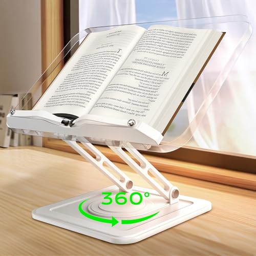 LOXP Book Stand for Reading, Adjustable Book Holder with 360°Rotating Bases, Ergonomic Cookbook Stand Recipe Book Holder with Elastic Page Clips for Magazines, Tablets, Laptops,Acrylic White - Image 1