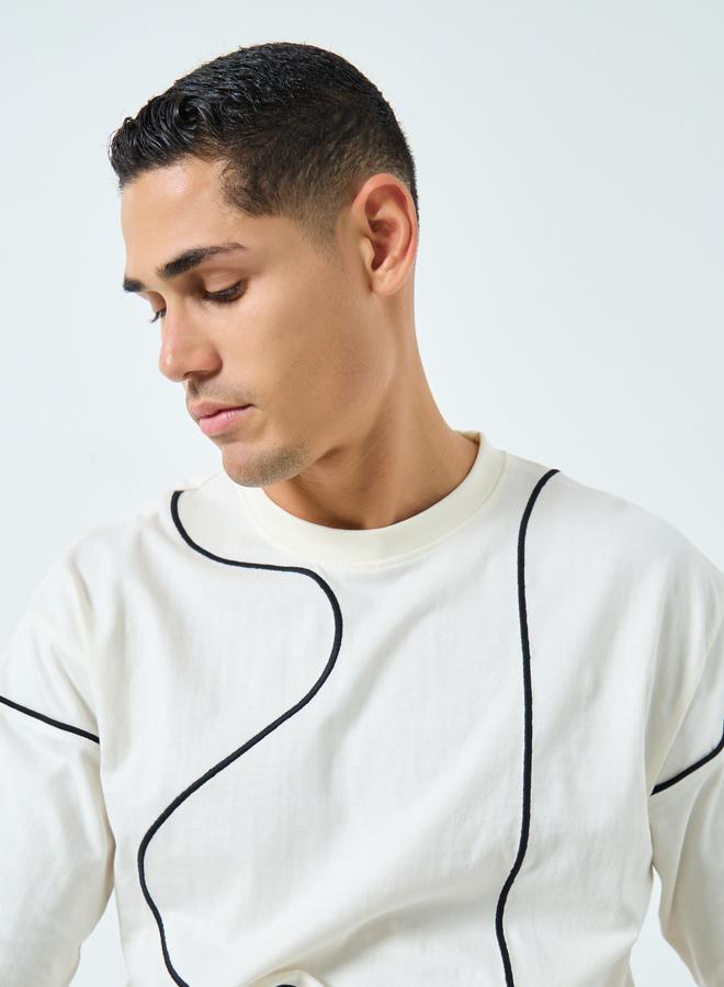 Styli Men Cream Embroidered Crew Neck T-Shirt - Image 2